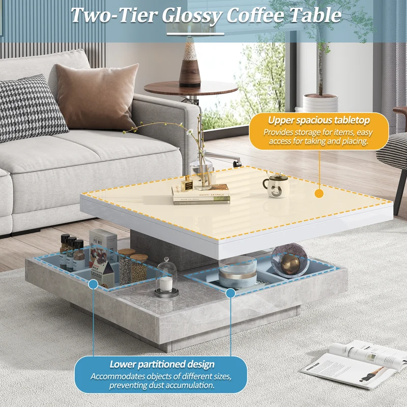 Table basse double plateau brillant pivotant à 360° en blanc et effet marbre grise clair 70*70cm ACHO