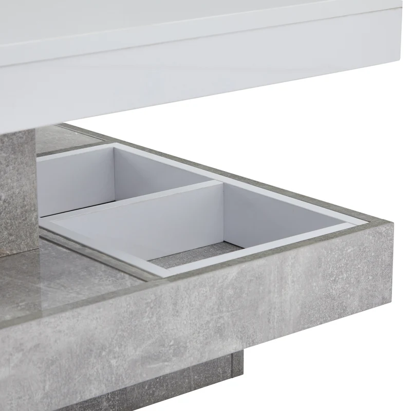 Table basse double plateau brillant pivotant à 360° en blanc et effet marbre grise clair 70*70cm ACHO