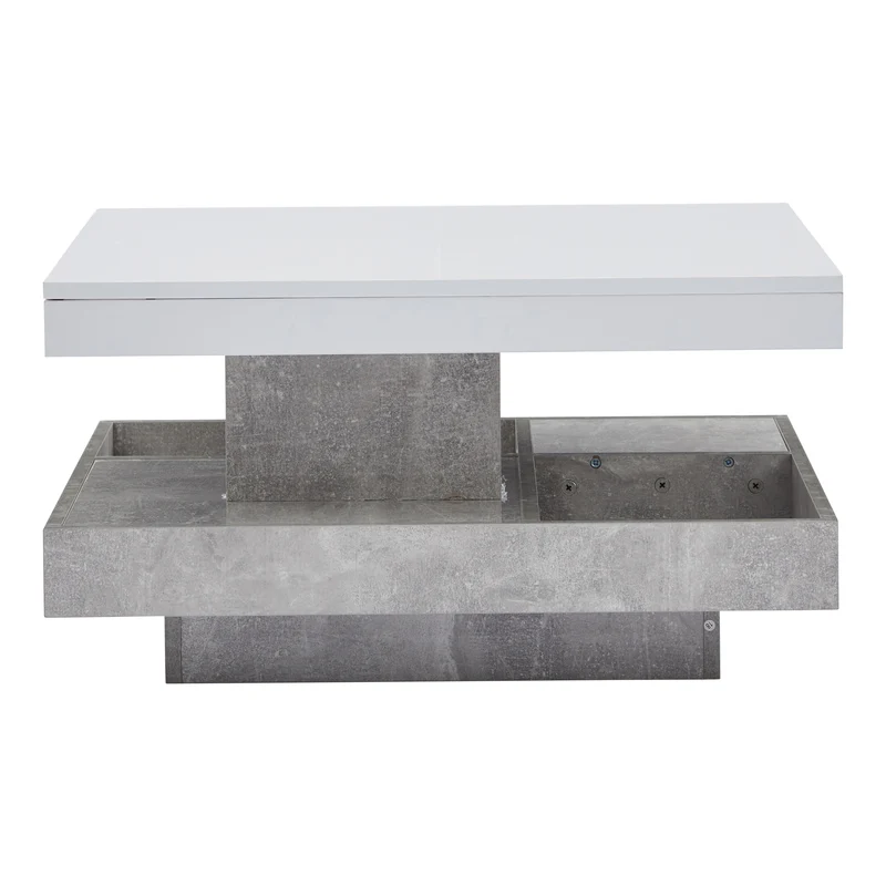 Table basse double plateau brillant pivotant à 360° en blanc et effet marbre grise clair 70*70cm ACHO