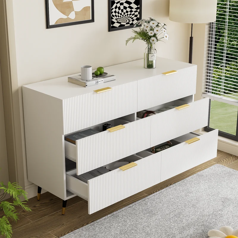 Buffet élégant blanc 6 tiroirs, poignées et pointe de pieds dorés 120*40*77cm COQREOD WHITE