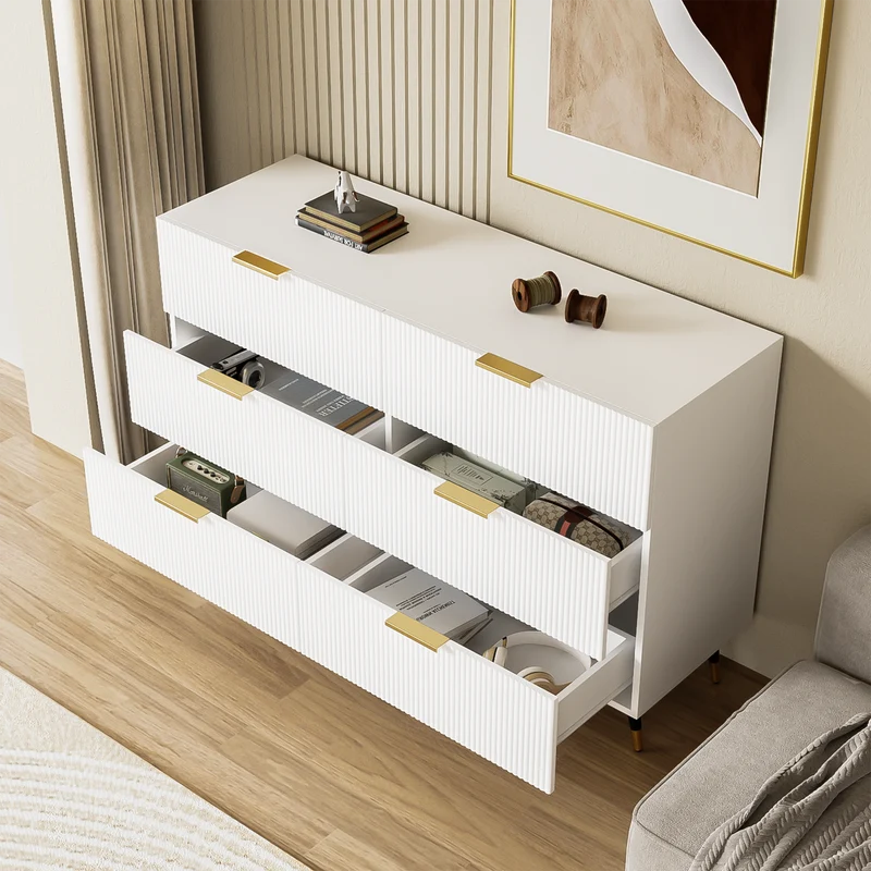 Buffet élégant blanc 6 tiroirs, poignées et pointe de pieds dorés 120*40*77cm COQREOD WHITE