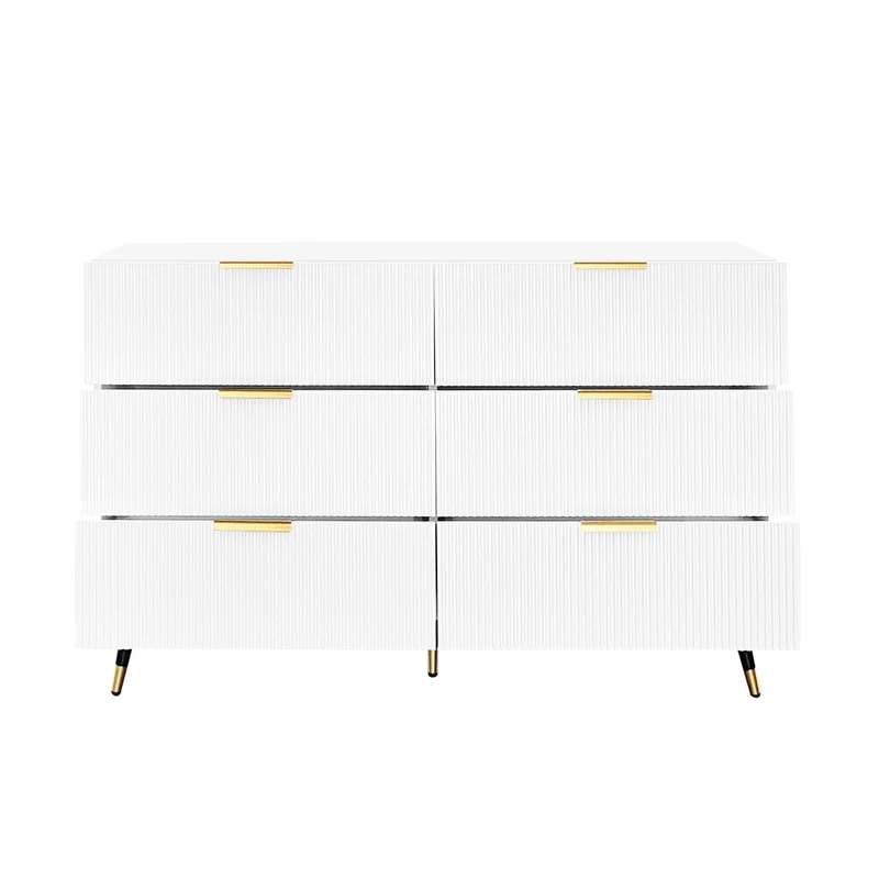 Buffet élégant blanc 6 tiroirs, poignées et pointe de pieds dorés 120*40*77cm COQREOD WHITE