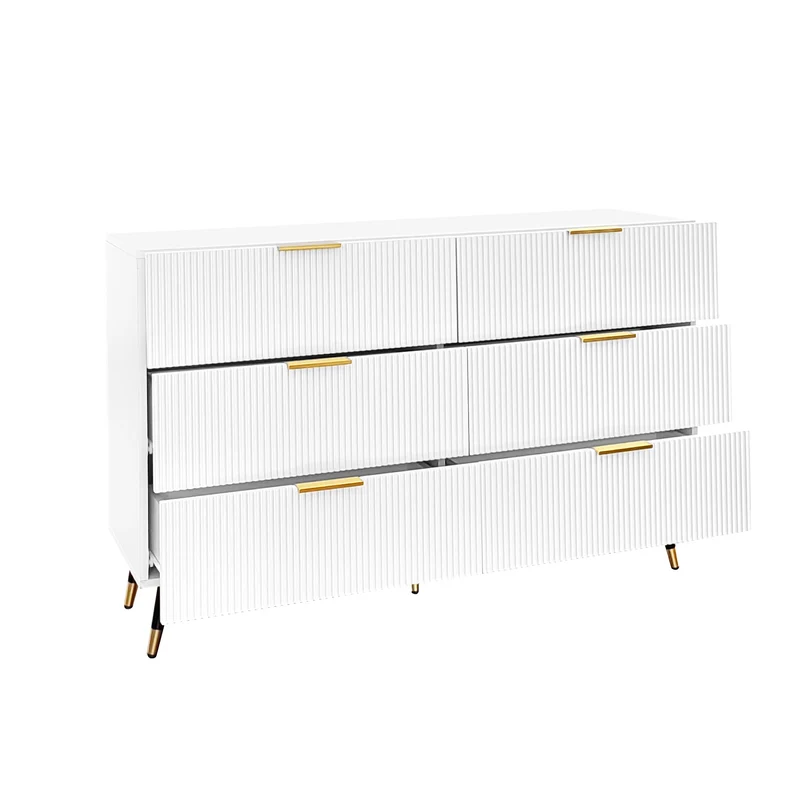 Buffet élégant blanc 6 tiroirs, poignées et pointe de pieds dorés 120*40*77cm COQREOD WHITE