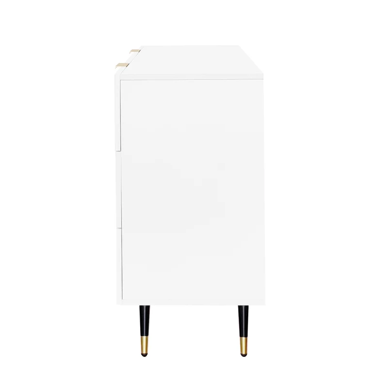Buffet élégant blanc 6 tiroirs, poignées et pointe de pieds dorés 120*40*77cm COQREOD WHITE