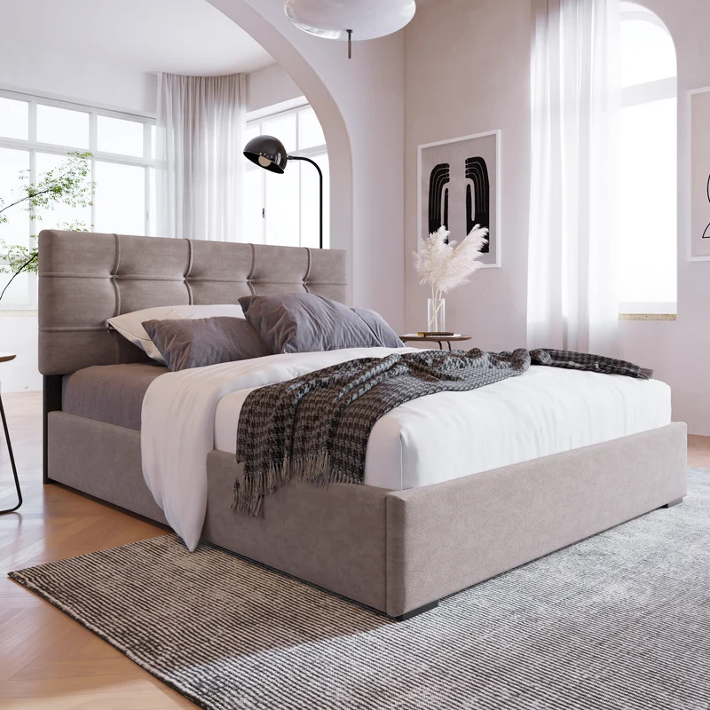 Lit coffre double tête de lit réglable, velours gris avec espace de rangement TEGZA