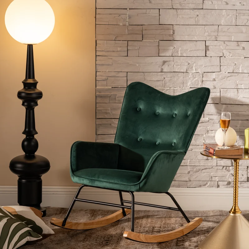 Fauteuil à bascule Scandinave velours vert pieds en bois clair EPPING SMALL VELVET GREEN