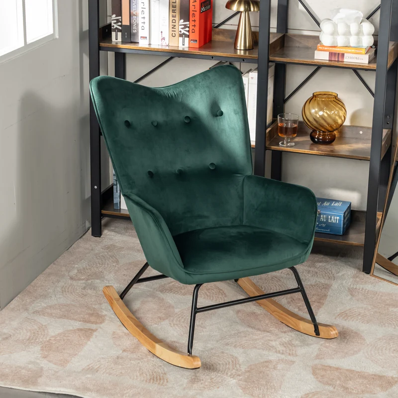 Fauteuil à bascule Scandinave velours vert pieds en bois clair EPPING SMALL VELVET GREEN