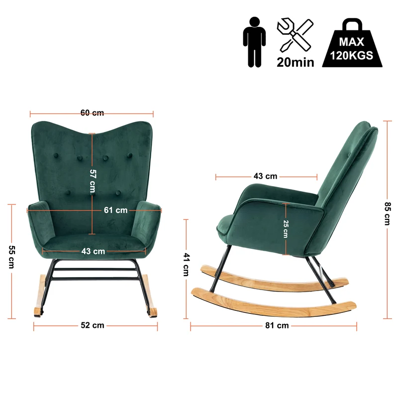 Fauteuil à bascule Scandinave velours vert pieds en bois clair EPPING SMALL VELVET GREEN