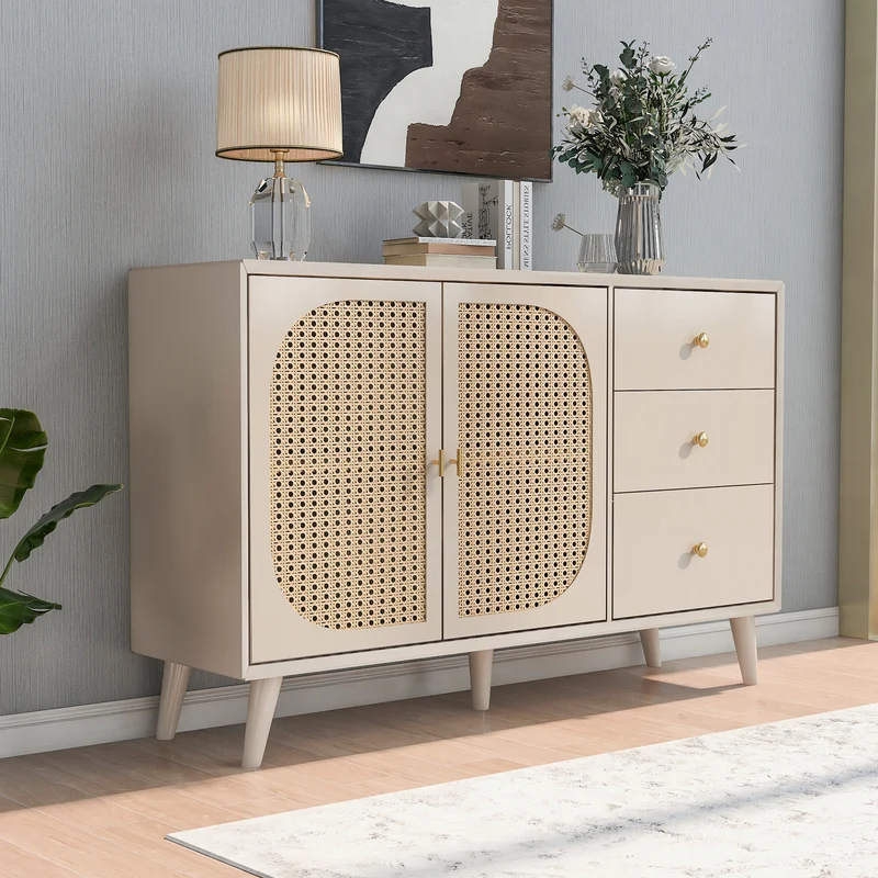 Buffet effet bois clair avec portes et tiroirs, poignées dorées 120*40*82cm GHUXEOTS