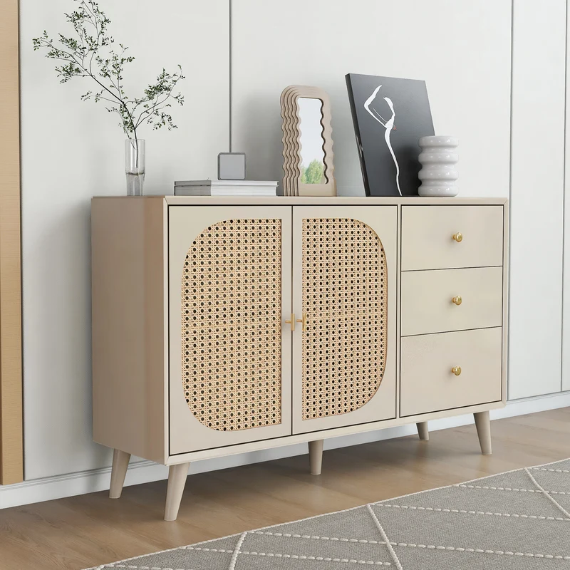 Buffet effet bois clair avec portes et tiroirs, poignées dorées 120*40*82cm GHUXEOTS