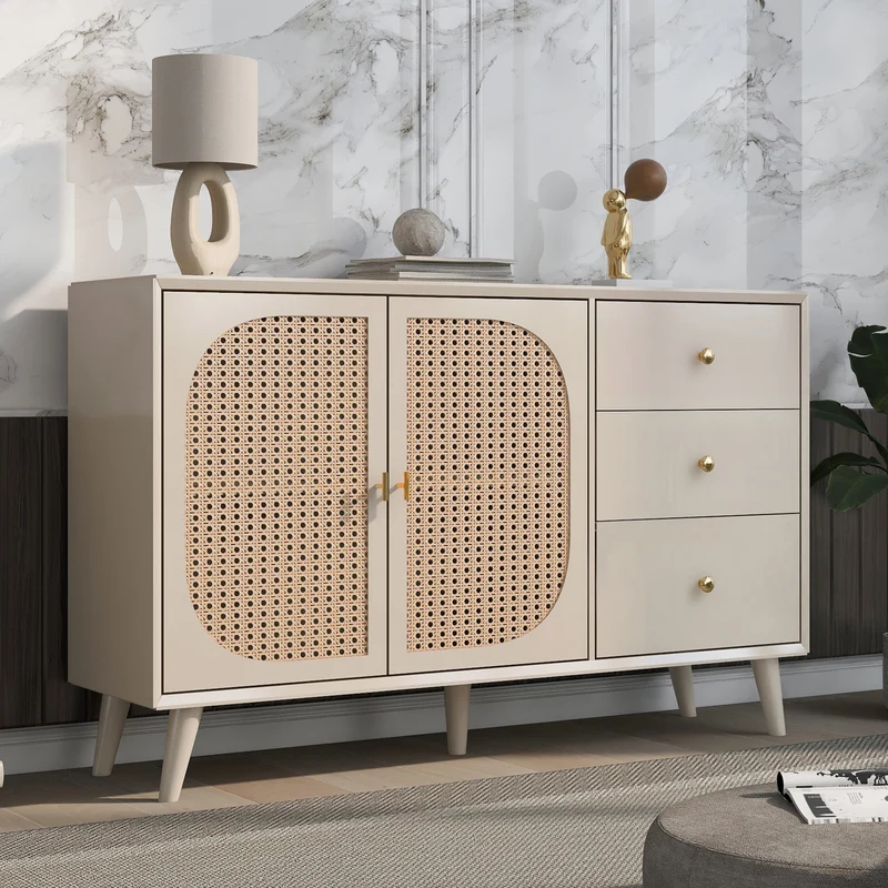 Buffet effet bois clair avec portes et tiroirs, poignées dorées 120*40*82cm GHUXEOTS