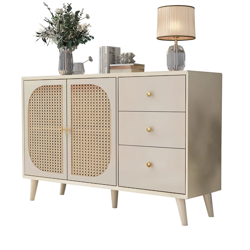 Buffet effet bois clair avec portes et tiroirs, poignées dorées 120*40*82cm GHUXEOTS