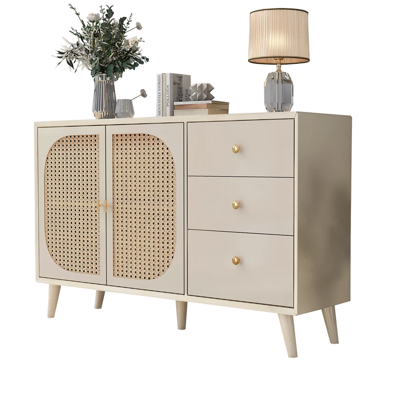 Buffet effet bois clair avec portes et tiroirs, poignées dorées 120*40*82cm GHUXEOTS