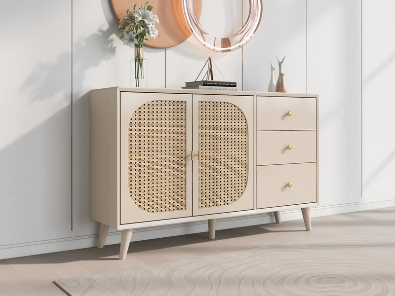 Buffet effet bois clair avec portes et tiroirs, poignées dorées 120*40*82cm GHUXEOTS