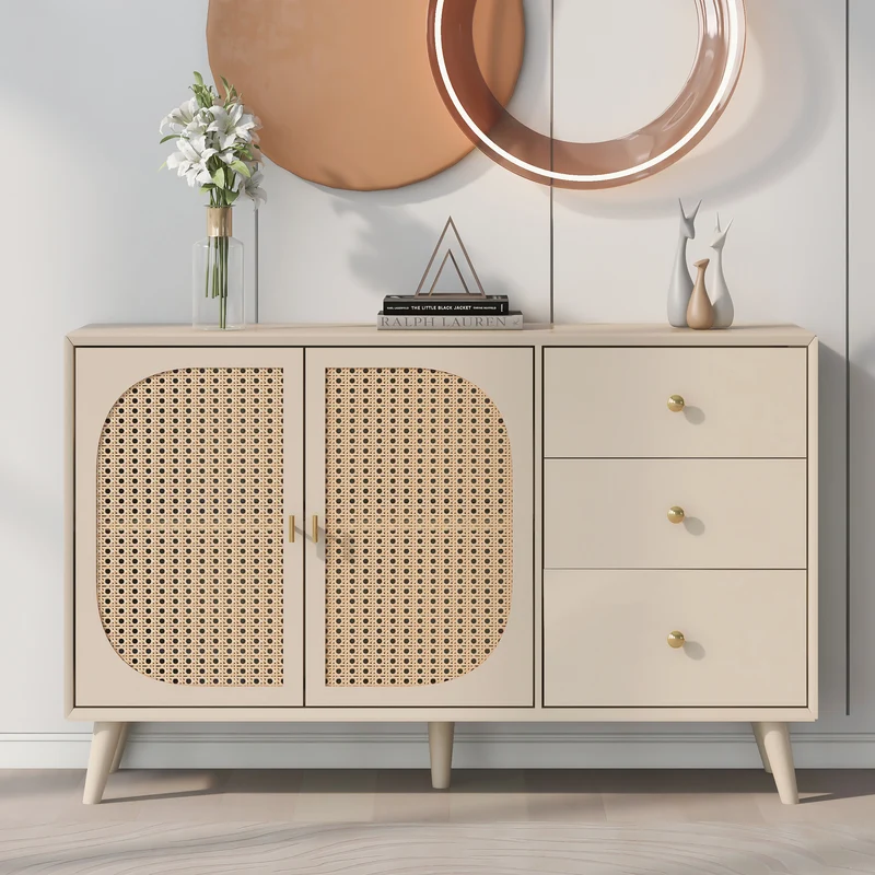 Buffet effet bois clair avec portes et tiroirs, poignées dorées 120*40*82cm GHUXEOTS