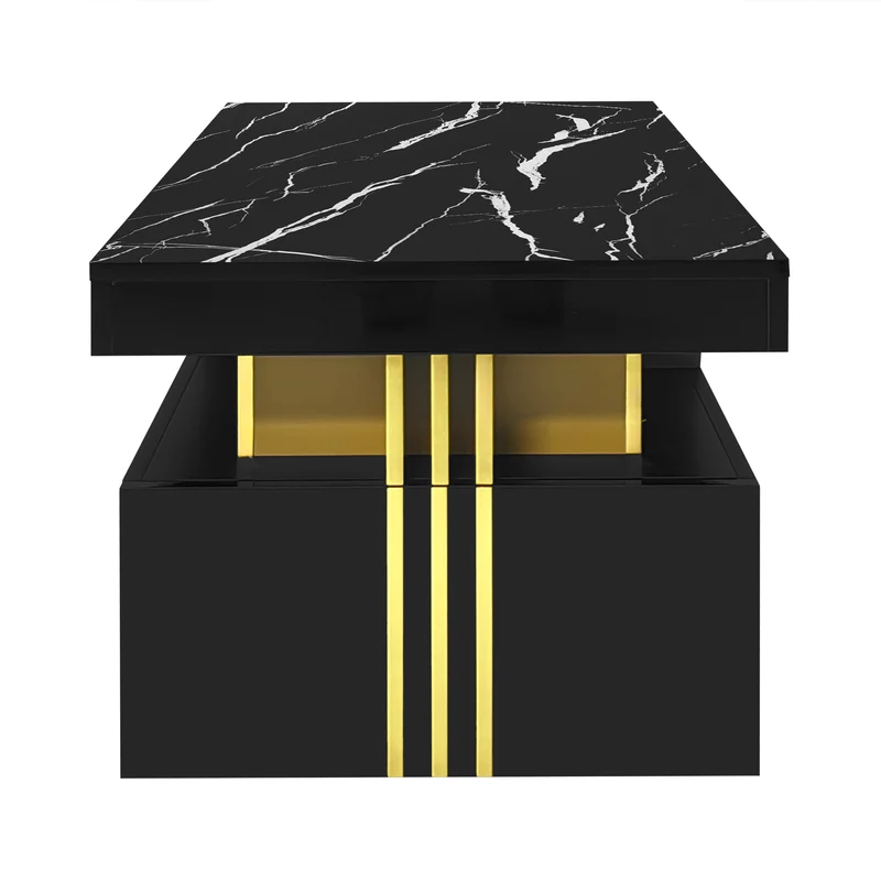 Table basse rectangulaire effet marbre noir brillant avec 2 tiroirs 100*50*40 cm GEVREITS BLACK
