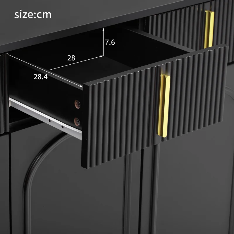 Buffet noir 4 portes 4 tiroirs avec poignées et pieds dorés 140*37,8*82cm CHADDANS