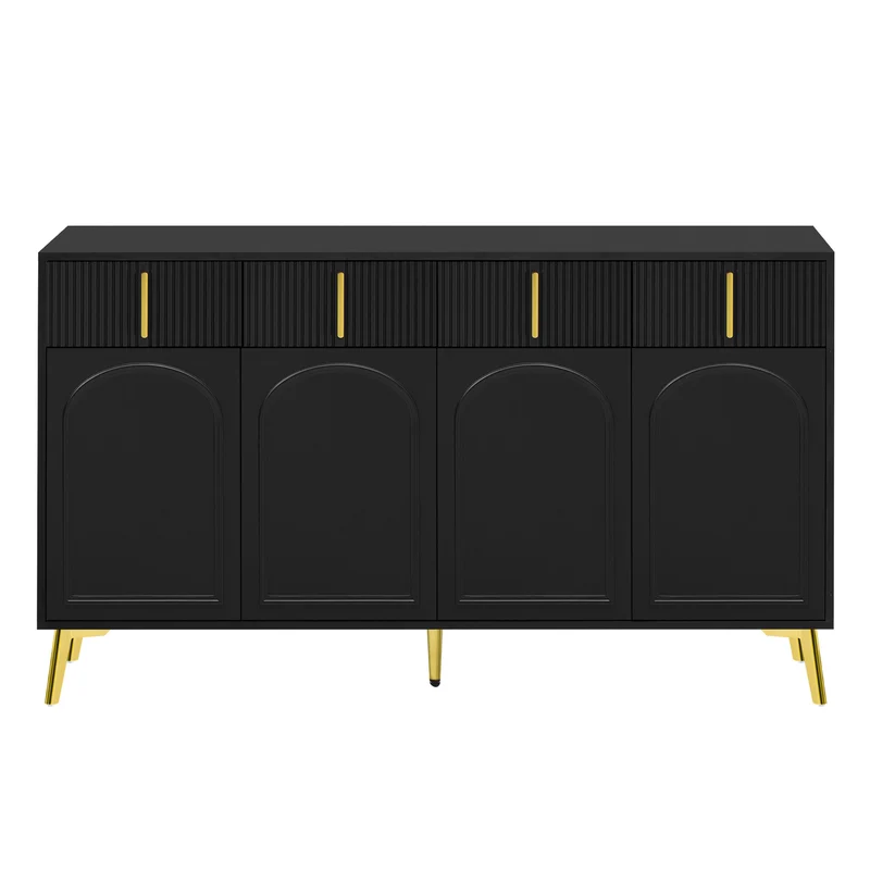 Buffet noir 4 portes 4 tiroirs avec poignées et pieds dorés 140*37,8*82cm CHADDANS