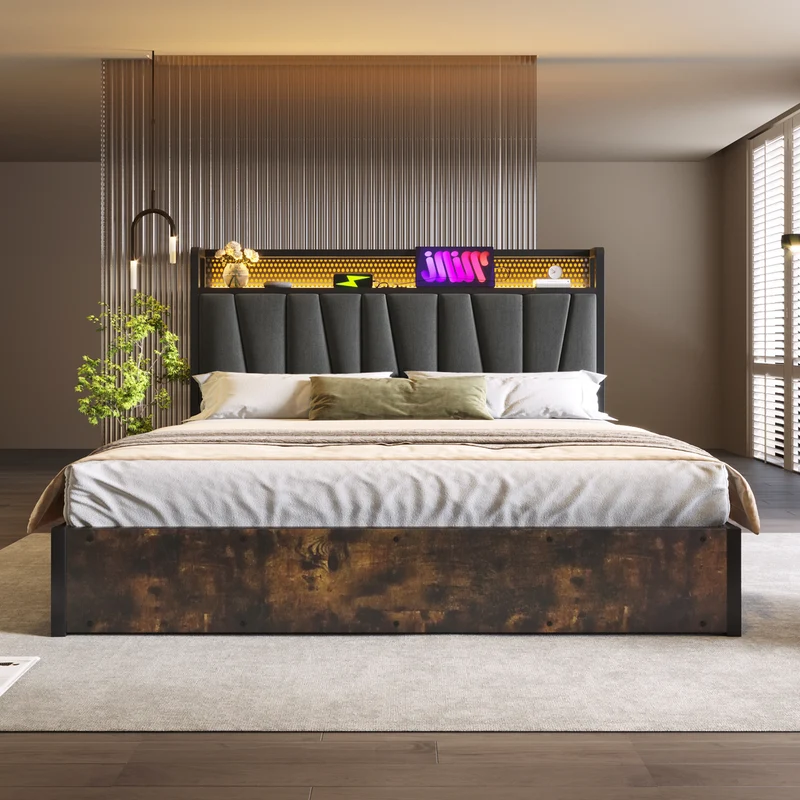 Lit coffre lit double tissu gris avec éclairage LED et prise USB, rangement effet bois (sans matelas) 140x200cm CRON