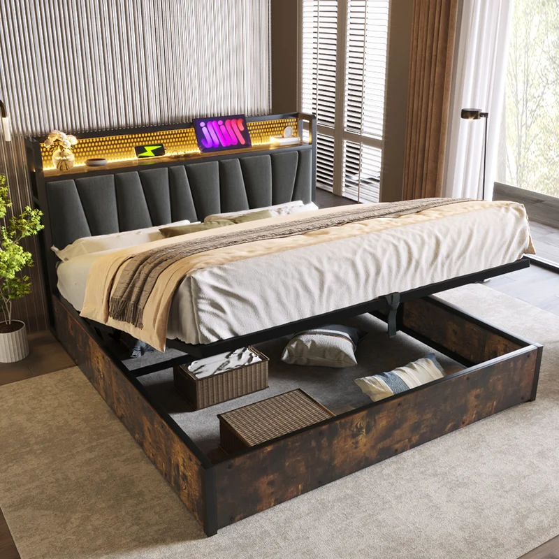 Lit coffre lit double tissu gris avec éclairage LED et prise USB, rangement effet bois (sans matelas) 140x200cm CRON