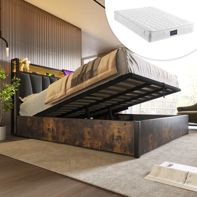 Lit coffre lit double tissu gris avec éclairage LED et prise USB, rangement effet bois (sans matelas) 140x200cm CRON