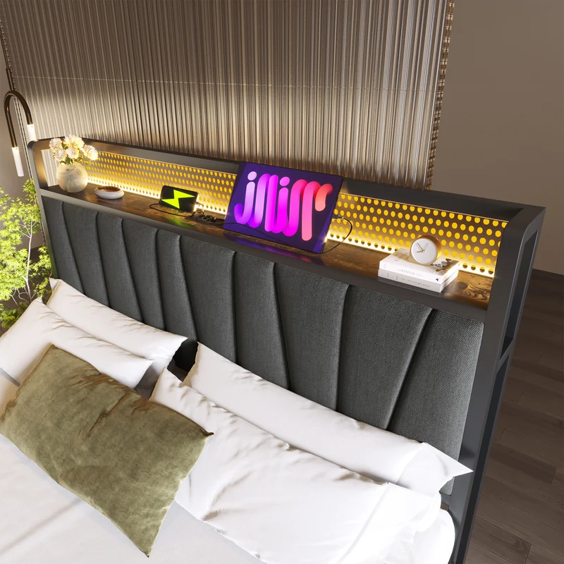 Lit coffre lit double tissu gris avec éclairage LED et prise USB, rangement effet bois (sans matelas) 140x200cm CRON