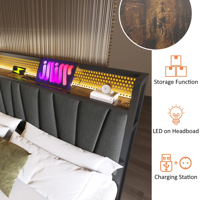 Lit coffre lit double tissu gris avec éclairage LED et prise USB, rangement effet bois (sans matelas) 140x200cm CRON