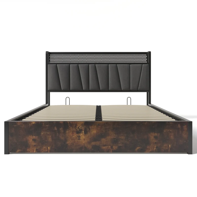 Lit coffre lit double tissu gris avec éclairage LED et prise USB, rangement effet bois (sans matelas) 140x200cm CRON