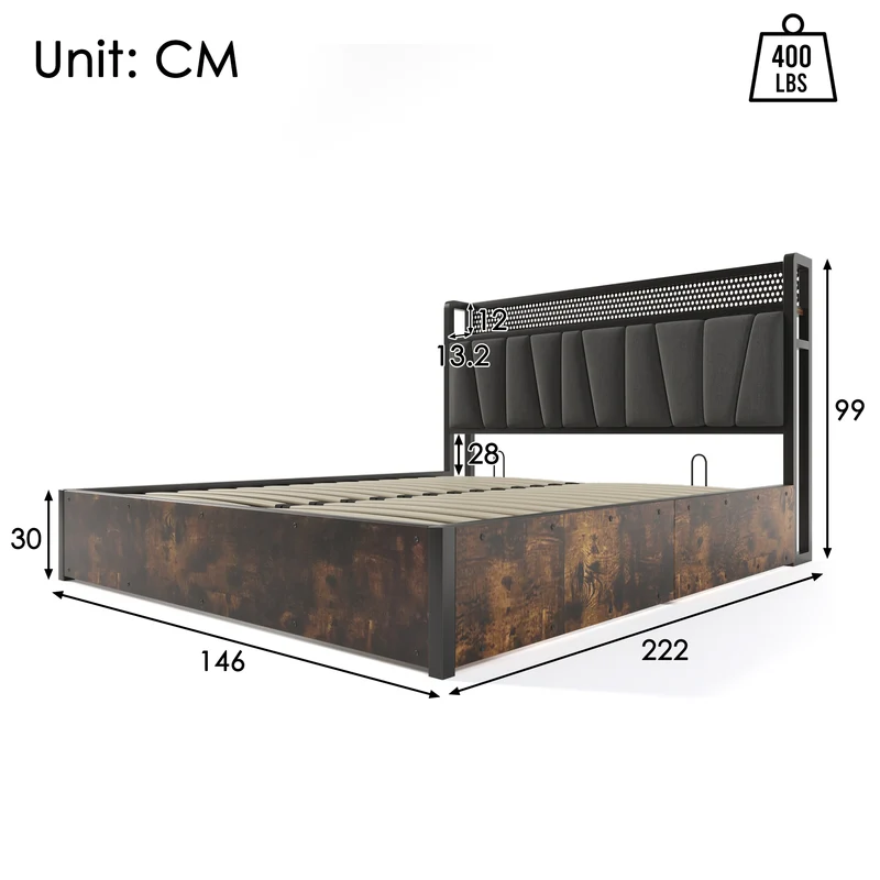 Lit coffre lit double tissu gris avec éclairage LED et prise USB, rangement effet bois (sans matelas) 140x200cm CRON