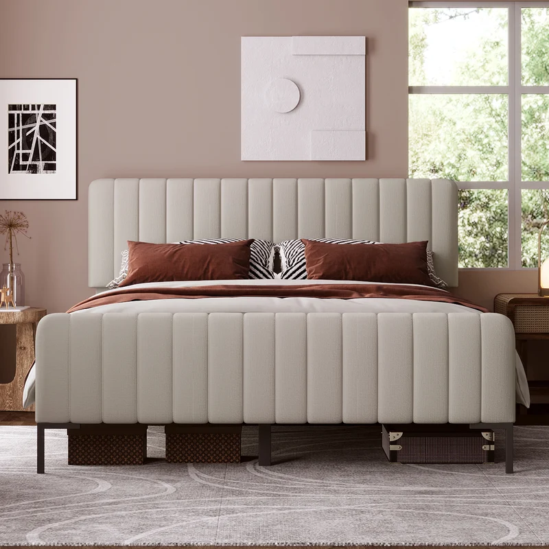Lit rembourré en lin gris-beige cadre lit double King 160x200cm EGMOID KING