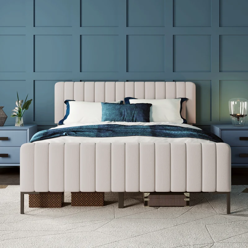 Lit rembourré en lin gris-beige cadre lit double King 160x200cm EGMOID KING