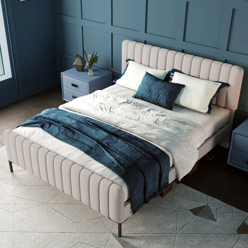 Lit rembourré en lin gris-beige cadre lit double King 140x200cm EGMOID QUEEN