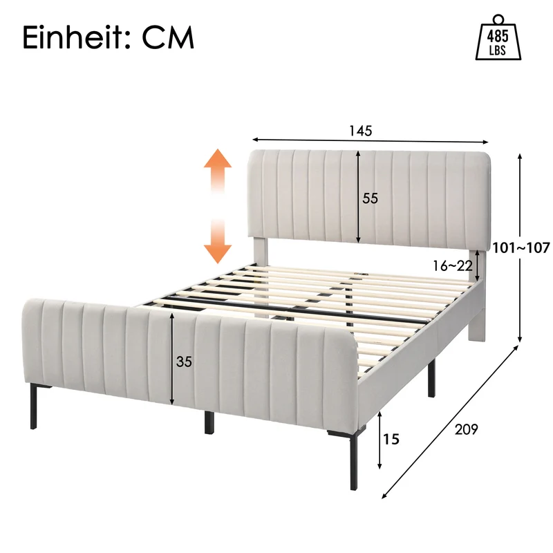 Lit rembourré en lin gris-beige cadre lit double King 140x200cm EGMOID QUEEN