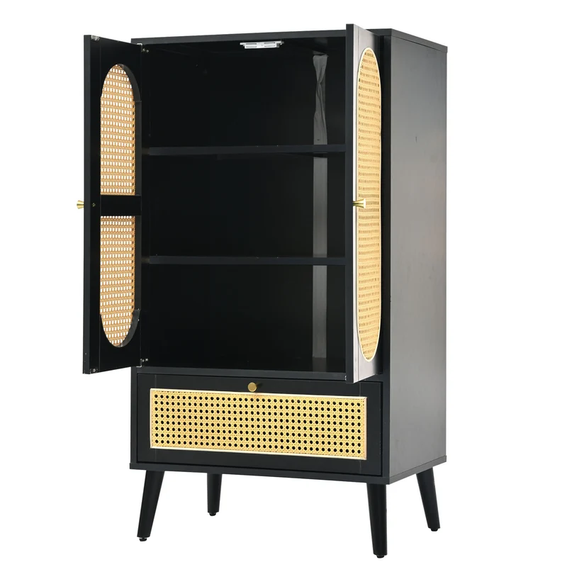 Buffet haut noir en rotin 2 portes et 1 tiroir 60*40*110.5 cm CHIDHOILL
