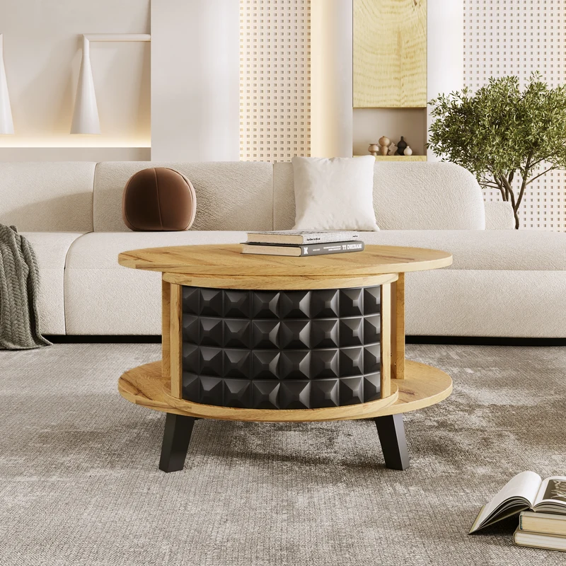 Table basse effet bois et noir, rangement interne rotatif LAACRO