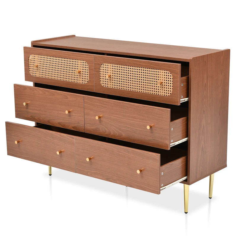 Buffet vintage 6 tiroir en rotin poignées et pieds dorés 120*90*40cm DELMO