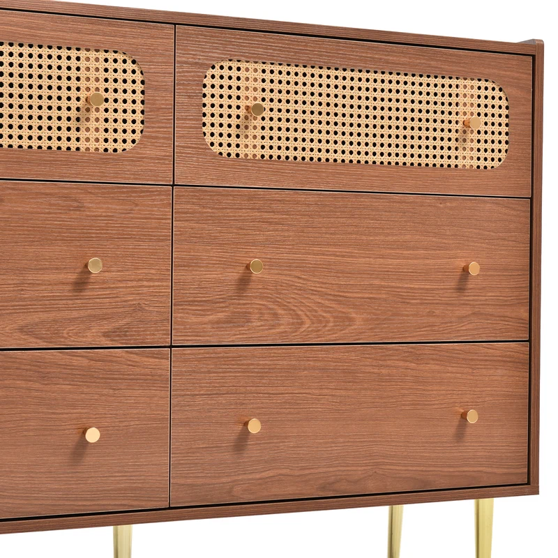Buffet vintage 6 tiroir en rotin poignées et pieds dorés 120*90*40cm DELMO