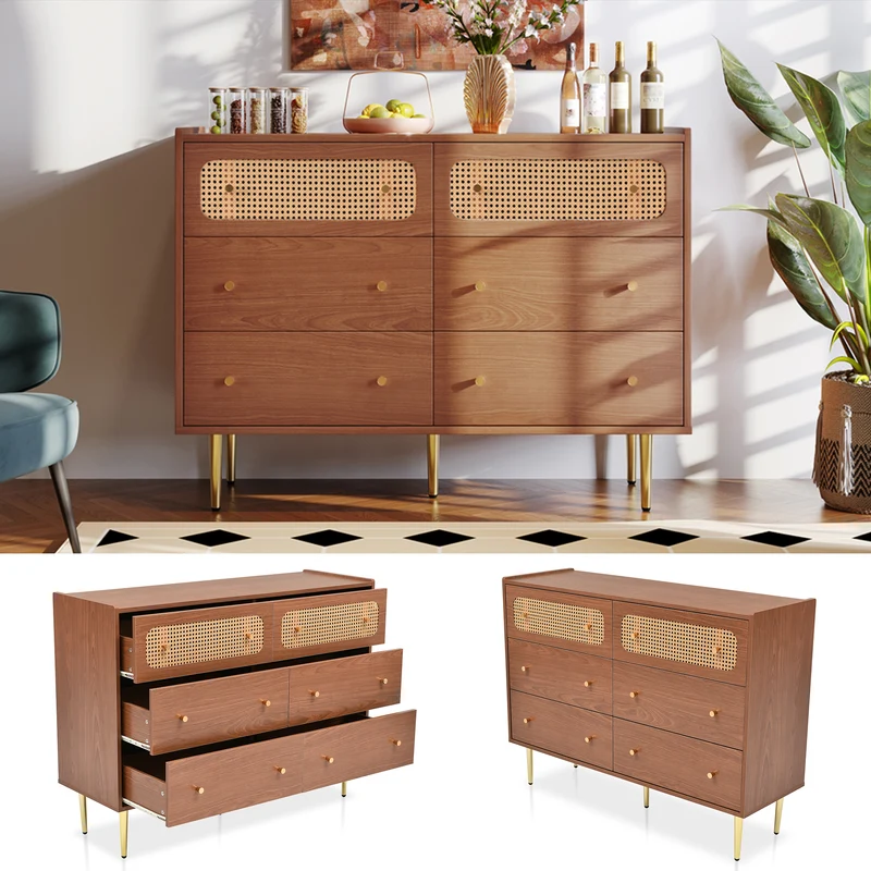 Buffet vintage 6 tiroir en rotin poignées et pieds dorés 120*90*40cm DELMO