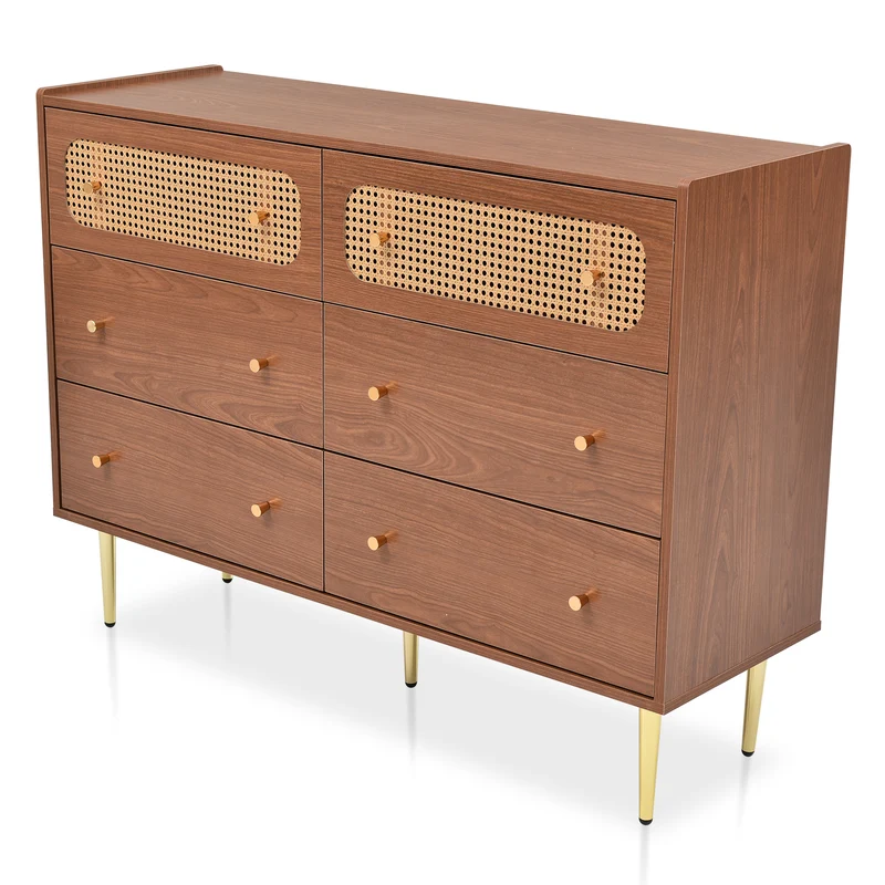 Buffet vintage 6 tiroir en rotin poignées et pieds dorés 120*90*40cm DELMO