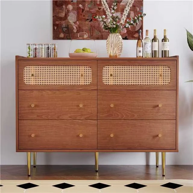 Buffet vintage 6 tiroir en rotin poignées et pieds dorés 120*90*40cm DELMO