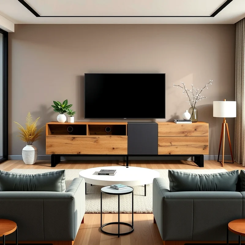 Meuble TV moderne aux couleurs contrastées avec grain de bois et gris 180 cm SCILQUKS