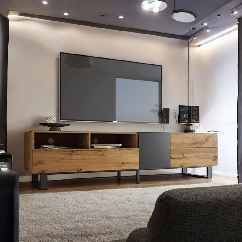 Meuble TV moderne aux couleurs contrastées avec grain de bois et gris 180 cm SCILQUKS