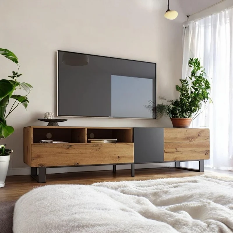 Meuble TV moderne aux couleurs contrastées avec grain de bois et gris 180 cm SCILQUKS