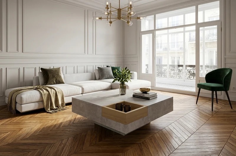 Table basse carré moderne effet béton gris et une boit de rangement bois nature 72*72*30 CROKS