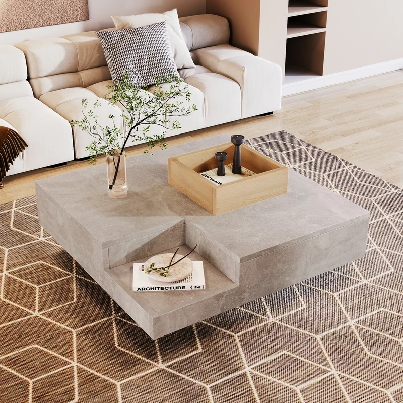 Table basse carré moderne effet béton gris et une boit de rangement bois nature 72*72*30 CROKS