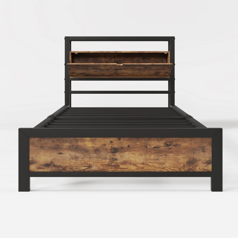 Lit simple industriel avec tête de lit rangement effet bois noyer et noir 90x200cm IKKIEL