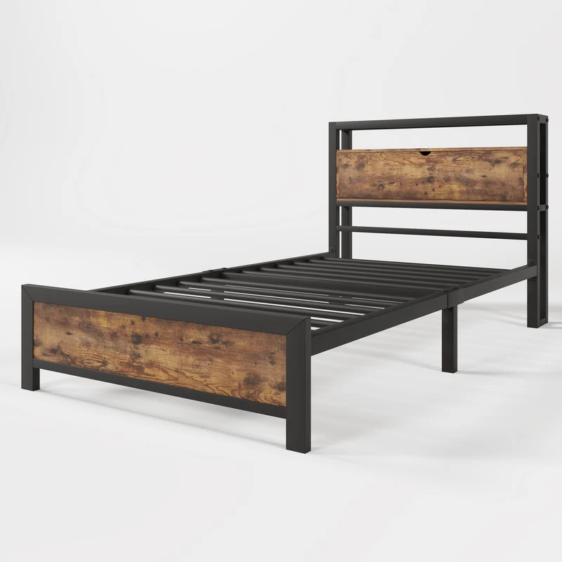 Lit simple industriel avec tête de lit rangement effet bois noyer et noir 90x200cm IKKIEL