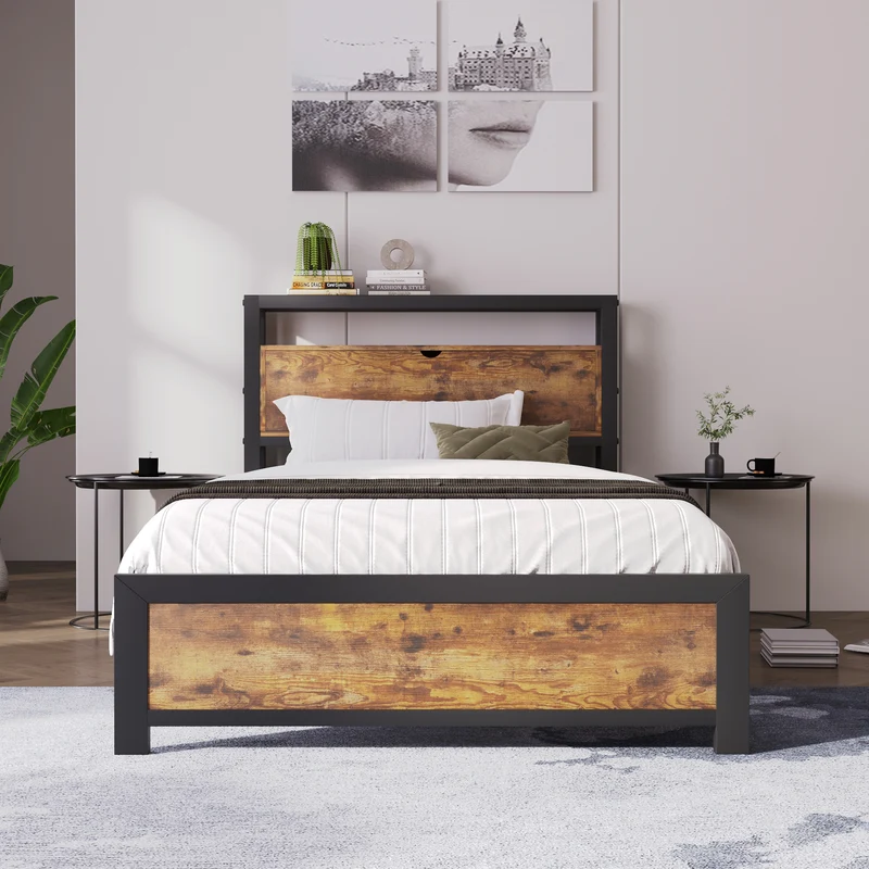Lit simple industriel avec tête de lit rangement effet bois noyer et noir 90x200cm IKKIEL
