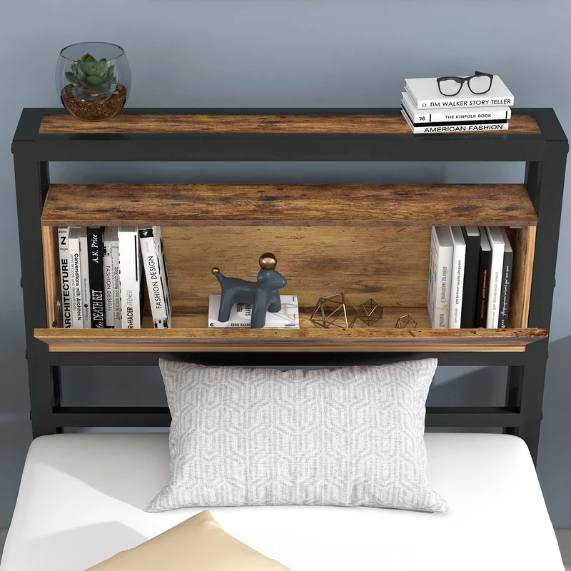 Lit simple industriel avec tête de lit rangement effet bois noyer et noir 90x200cm IKKIEL