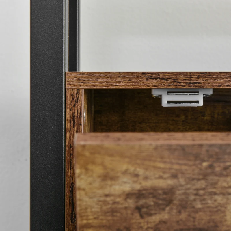 Lit simple industriel avec tête de lit rangement effet bois noyer et noir 90x200cm IKKIEL